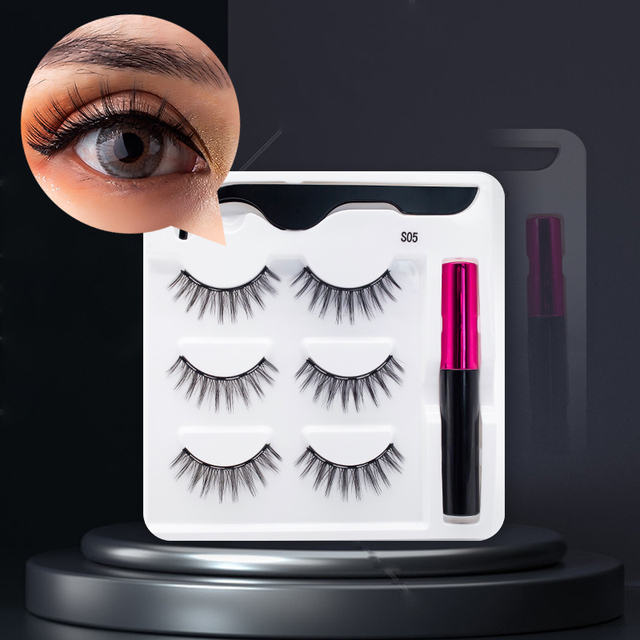3/5/7Pairs Magnetic Eyelashes False Lashes Repeated Use Eyelashes Waterproof Liquid Eyeliner With Tweezer Makeup Set