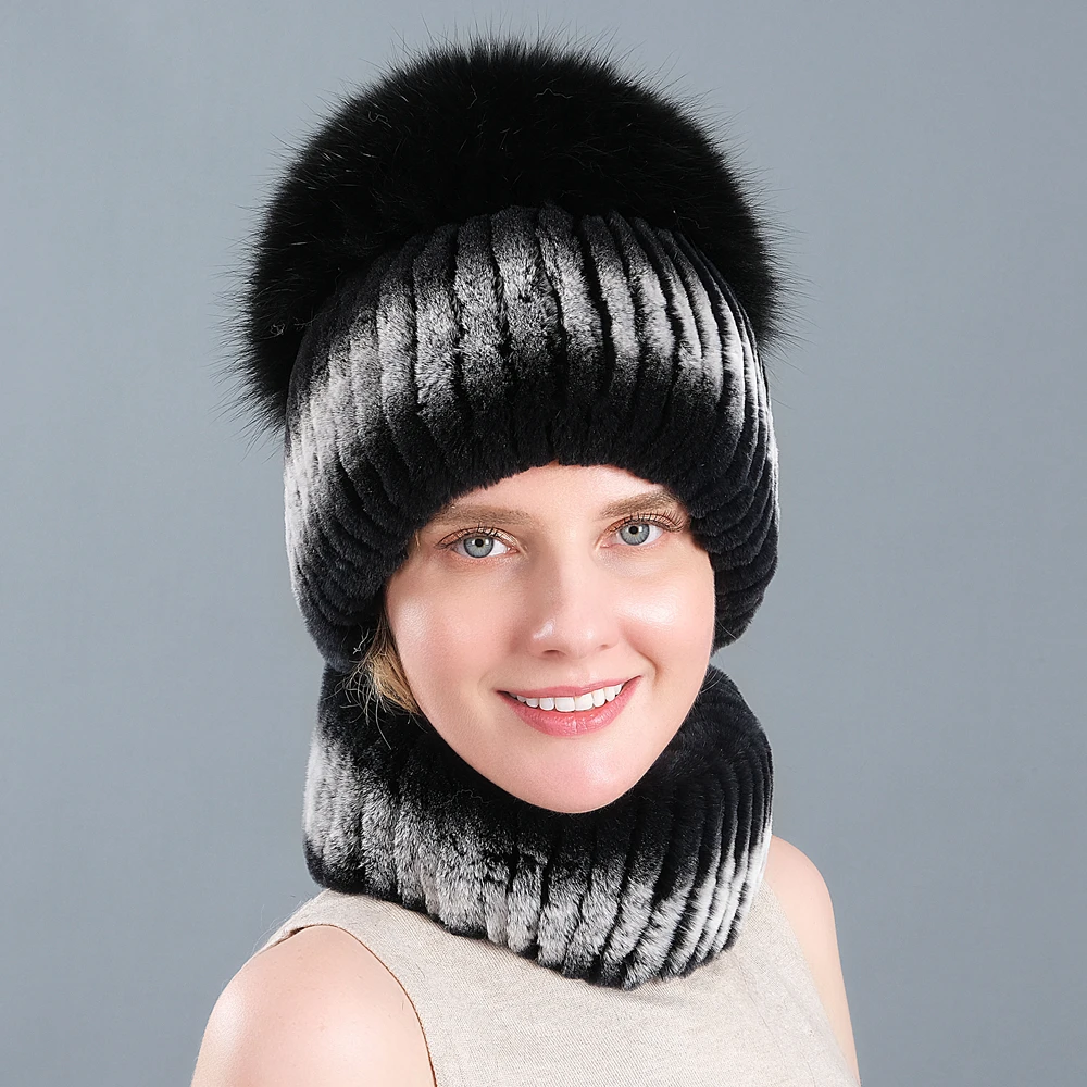 

Ladies New Rex Rabbit Fur Winter Hat Ear Protection Thick Rex Rabbit Fur Scarf Wild Nine Tail Fox Hat