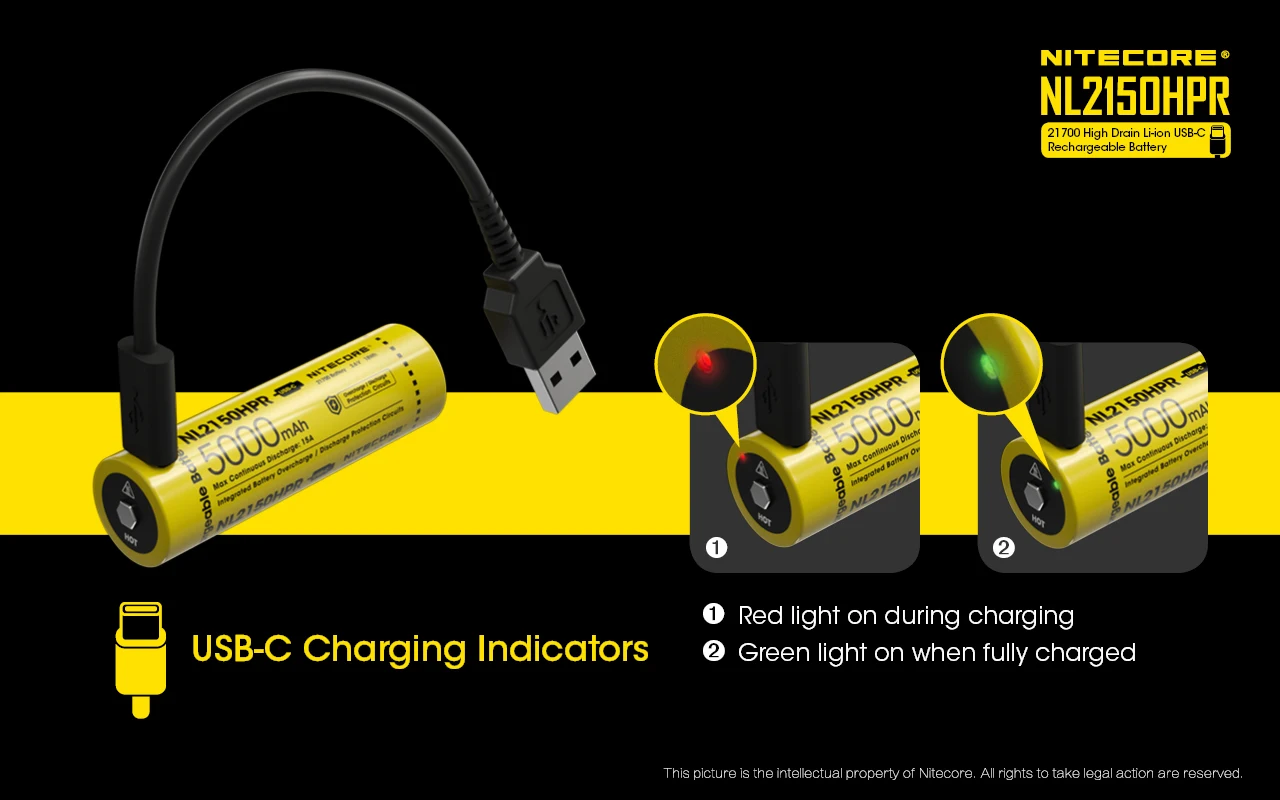 Nitecore NL2150HPR alta drenagem Li-ion USB-C bateria recarregável, 21700