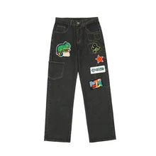 Pantalones vaqueros holgados De estilo Hip Hop para Hombre, Ropa De calle oscura con bordado De estrellas y letras, color negro, Harajuku, 2021