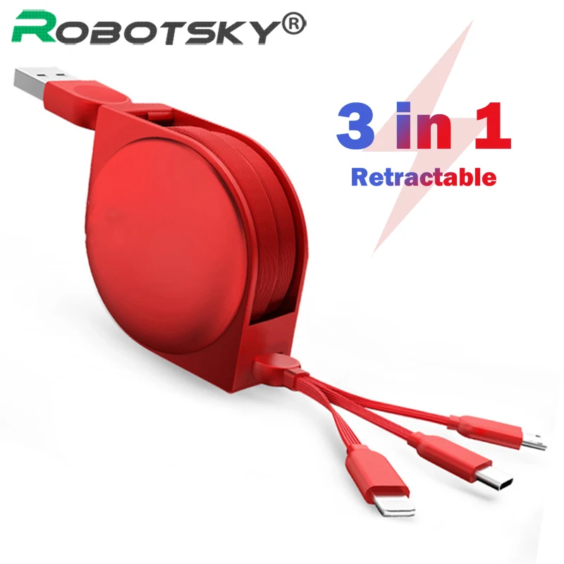 

3 in 1 Micro USB Type C 8 Pin For Samsung USB Retractable Charge Cable For Xiaomi Huawei 2 in 1 Length Adjustable Data Cable