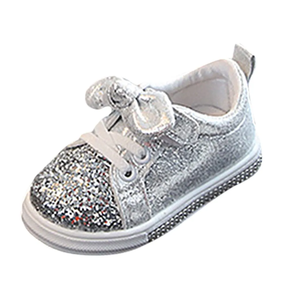 Детская Всесезонная обувь; От 1 до 3 лет обувь для маленьких девочек с бантом и блестками; модная повседневная обувь; модельные туфли с блестками и бантом