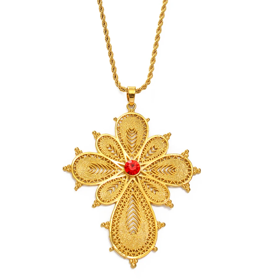 Ethiopian Big Coin Cross Pendant Necklace - Women's 24K Gold Plated Jewelry Gift - View #5
