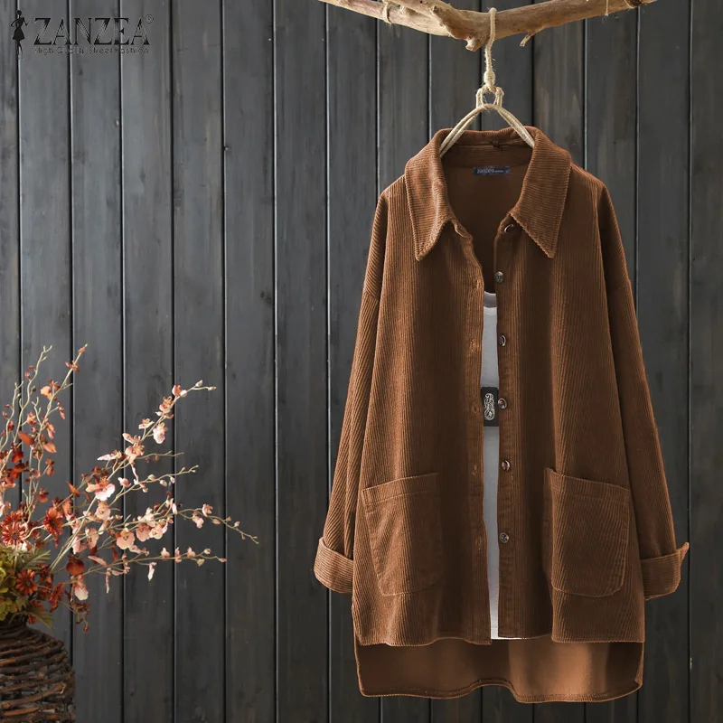 

ZANZEA Women Corduroy Blouses Long Sleeve Tunic Turn-down Collar Shirts 2020 Spring Button-down Blusas Oversized Chemiser Mujer
