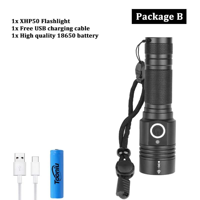 Package B Блики XHP50 светодиодный фонарик USB Перезаряжаемый 4 режима освещения Водонепроницаемый зум тактический фонарь с магнитом с помощью батареи 18650 - Испускаемый цвет: Package B