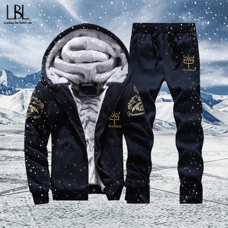 Hoodies Set Sportswear Jackets Sweatpants Mens-Sets Tracksuit Men Fleece Winter New-Print