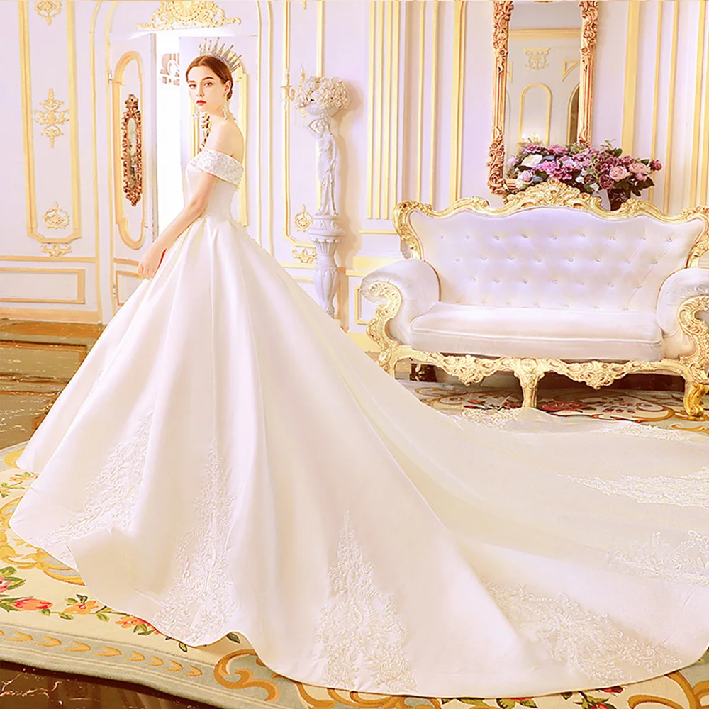 Лучшее французское сатиновое свадебное платье Vestido De Casamento, вырез лодочкой, короткий рукав, шнуровка, жемчуг, Аппликации, а-силуэт, свадебные платья