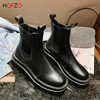 

HQFZO Women Ankle Boots Platform Slip On PU Leather Women Shoes Elastic Botines Short Botas Round Toe Chelsea Boots