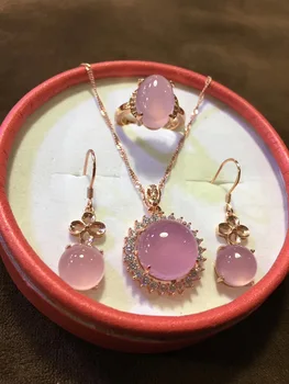 

Jade Crafts Natural Brazilian Pink Chalcedony Agate Color Silver 925 Silver Inlaid Three-piece Set