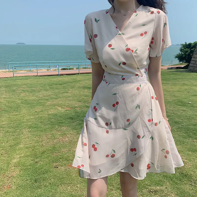 Модное Брендовое милое летнее платье на шнуровке с принтом вишни Женская одежда в Корейском стиле с v-образным вырезом новые платья ulzzang