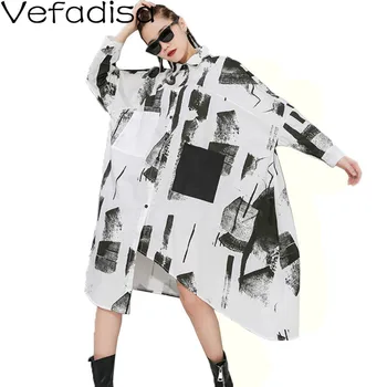 

Vefadisa Spring Print Blouse Dress Women 2020 Lapel Cardigan Shirt Dress Loose Long Sleeve Irregular Dress Black White QYF1729