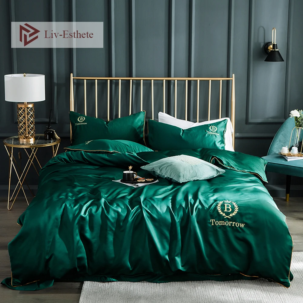 

Liv-Esthete Luxury Pure Silk Green Bedding Set Silky Queen King Duvet Cover Set Embroidery Bed Set Soft Flat Sheet For Women Man