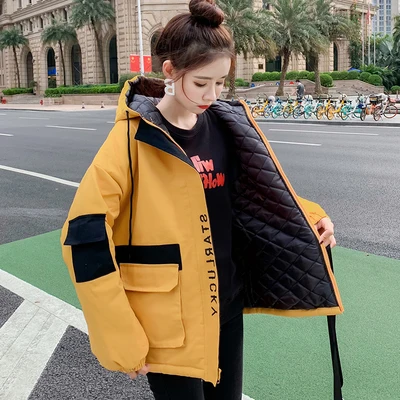 yellow thicken Женские куртки с капюшоном, осенне-зимние пальто, новые корейские BF Harajuku свободные хлопковые куртки, бейсбольная форма, верхняя одежда для девочек xa358 - Цвет: yellow thicken