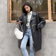 Nerazzurri Autumn Oversized Black Long Womens Leather Jacket Long Sleeve Sipper Spring Loose Faux Leather Coat Streetwear 2021