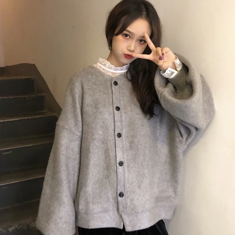 

Autumn Women Loose Jacket Warm Korean Harajuku Button Gothic Female Outwear Coat Warm Casual Cardigan