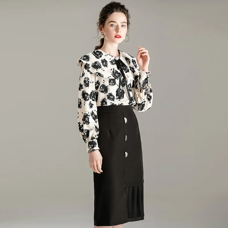Black Midi Rok Set 2 Stuk Outfits Voor Vrouwen Kleding Tweedelige Sets Office Dames Tops Bijpassende Sets Lange Mouw print Shirts Black Midi Rok Set 2 Stuk Outfits Voor Vrouwen Kleding Tweedelige Sets Office Dames Tops Bijpassende Sets Lange Mouw print Shirts