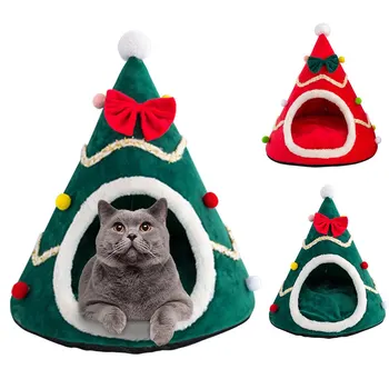 

Christmas Pet Bed Cute Christmas Tree Shape Cat Tent Winter Warm Soft Cat Dog House Pet Nest For Cats Kittens Small Animals