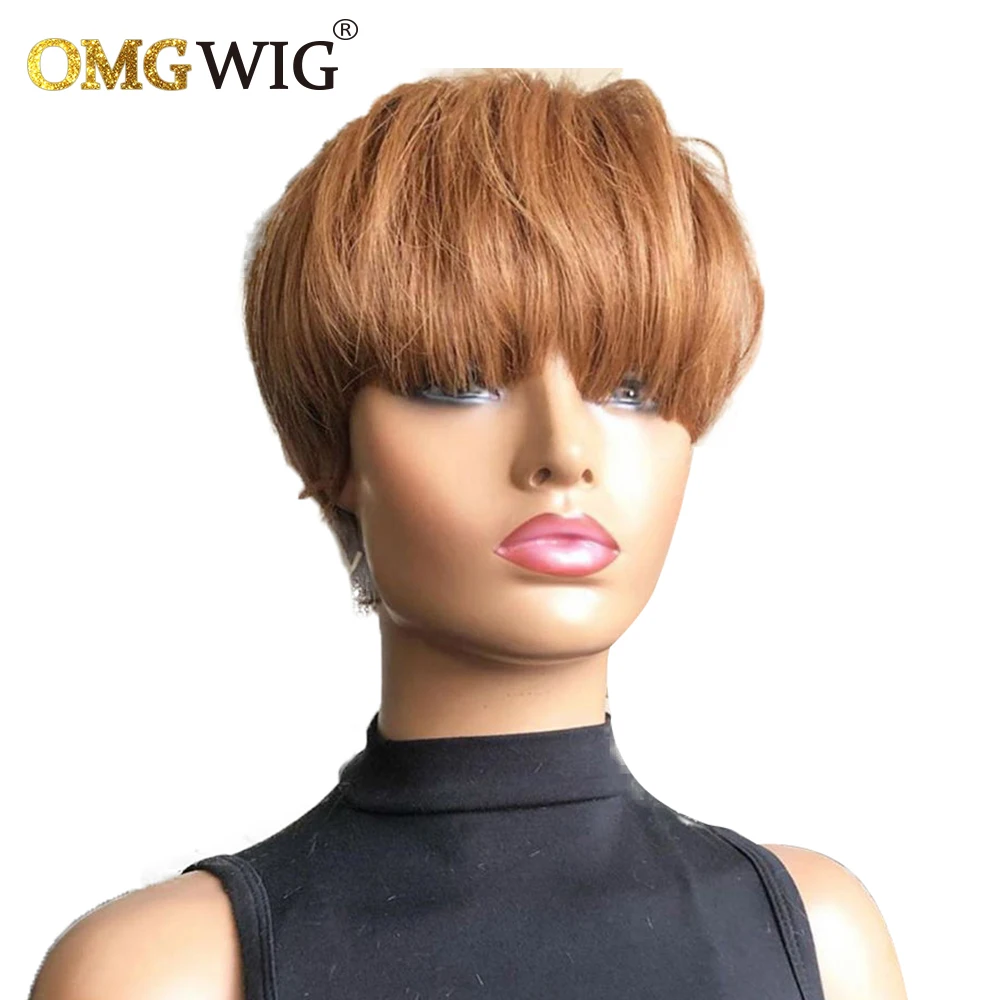 Honey Blonde Color Short Bob Pixie Cut Wig With Bangs OMG Straight Remy Brazilian Human Hair Wigs For Black Women Machine Made