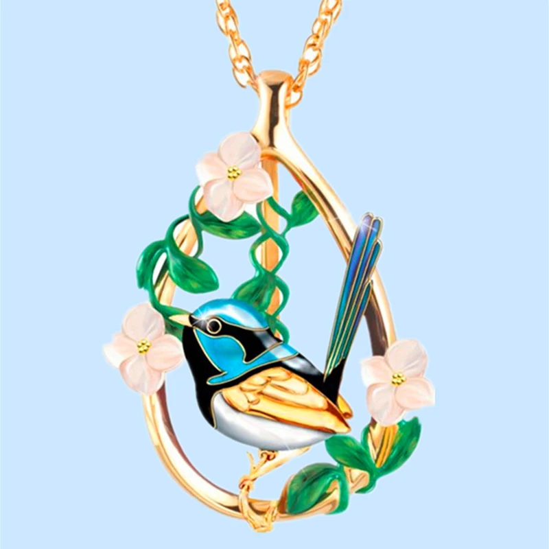 Yoziron-Blue-Bird-Flower-Leaf-Dripping-oil-Animal-Necklace-Water-Drop-Shape-Gold-Side-Pendant-Necklace