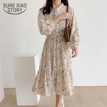 

Maxi Dresses Vestidos 2020 Spring Long Sleeve Dress for Women Vintage Elastic Waist Floral Bow Midi Dress Korean Print 8840 50
