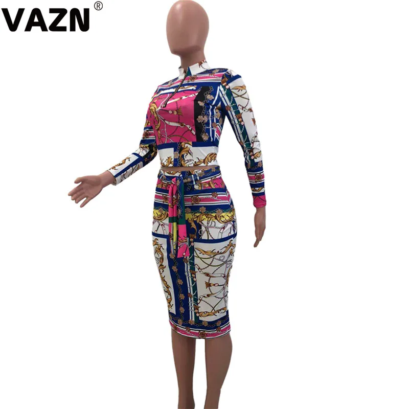 VAZN OJS9167 белый модный элегантный Drees Повседневный Женский комплект из 2 предметов с принтом Топ с длинным рукавом и круглым вырезом Платье До Колена Женский комплект