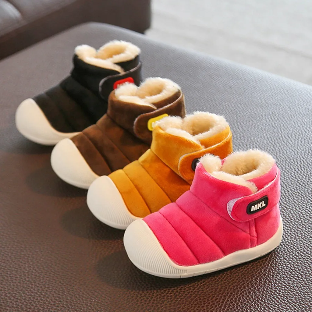 Детская обувь для девочек 2 года, зимние однотонные теплые Полуботинки для мальчиков, повседневная обувь, шикарная нескользящая Мягкая резиновая детская обувь на липучке