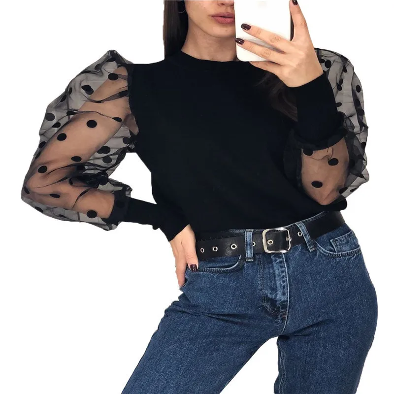 

Turtleneck Knitted Polka Dot Puff Long Sleeve Blouse Women Mesh Sheer See-through Shirt Elegant Ladies Slim Tops