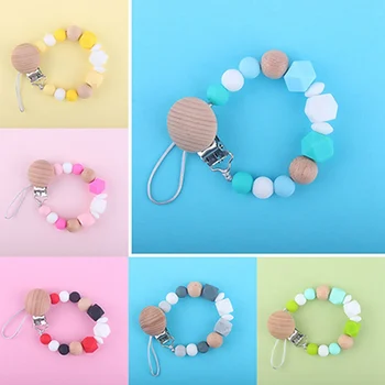 

Simple Fashion Colorful Baby Pacifier Chain Infant Wood Silicone Nipple Clip Beaded Soother Teether Chain Clip Baby Toys