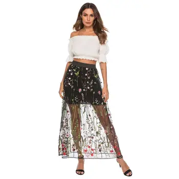

S-5XL Plus Size Flower Embroidery Mesh Skirt Aquatic Summer Sweet Skirt A-Line Casual Fashion Ladies Female Clothing