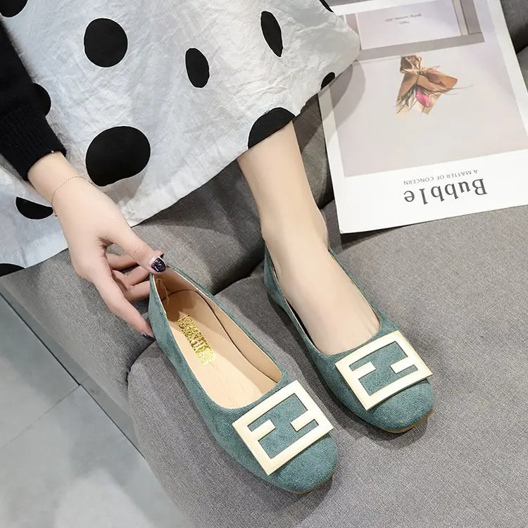 

2020 Spring And Autumn New Style WOMEN'S Shoes Suede Simple Comfortable Metal Buckle Square Head Flat Heel Work Shallow Mouth Si