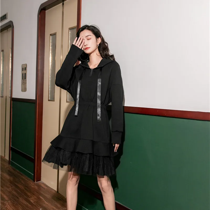 black DMY1926 XITAO Сетчатое платье с оборками, женское Плиссированное лоскутное платье, зима, с карманами, с капюшоном, с воротником, полный рукав, миноритарное повседневное платье, DMY1926 - Цвет: black DMY1926