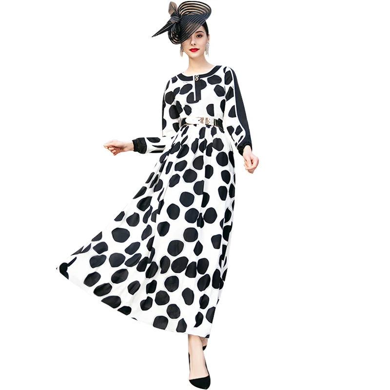 Luxe Vintage Stippen O-hals Herfst Lange Jurk Avond Lange Jurk Vrouwen Party Night Maxi Runway Dress DZ2360 Luxe Vintage Stippen O-hals Herfst Lange Jurk Avond Lange Jurk Vrouwen Party Night Maxi Runway Dress DZ2360