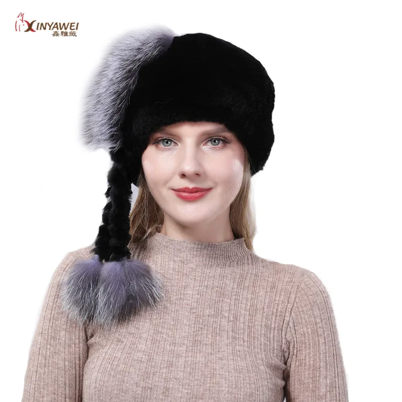 Модная новинка, настоящий мех кролика, натуральный вязаный мех, шапка, аксессуары, шапка из меха лисы, женская теплая шапка - Цвет: black