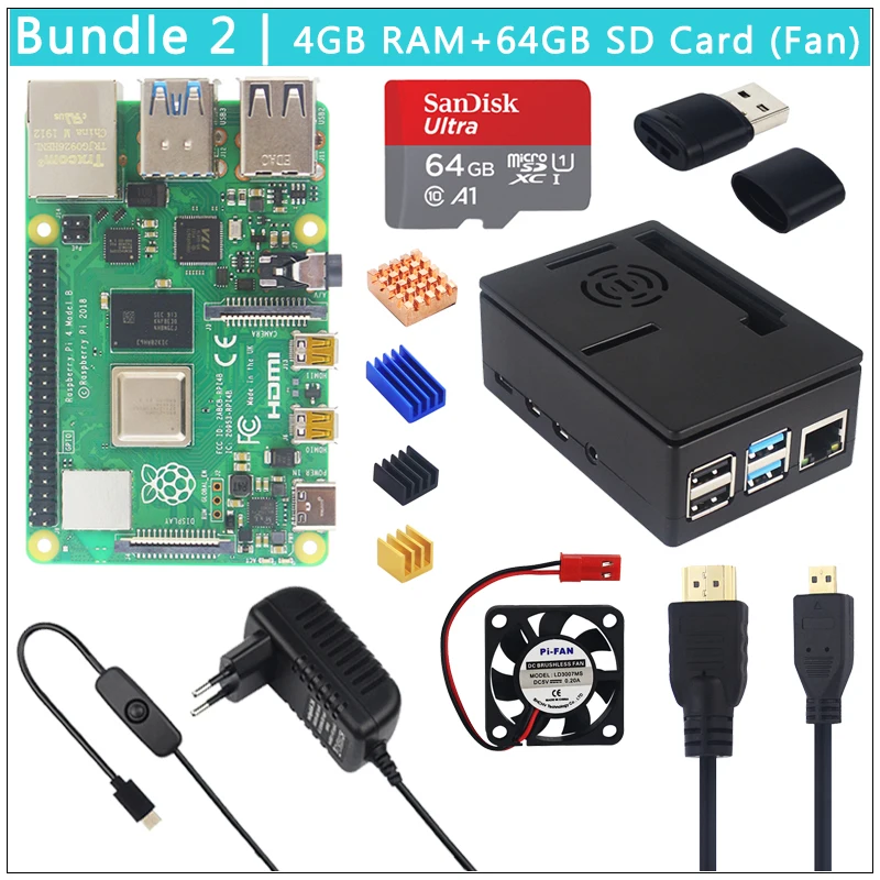 4GB RAM with Fan Raspberry Pi 4 Модель B+ чехол+ блок питания+ 64 Гб sd-карта+ радиатор дополнительно 3,5 дюймов сенсорный экран/вентилятор+ HDMI кабель для RPI 4 - Комплект: 4GB RAM with Fan