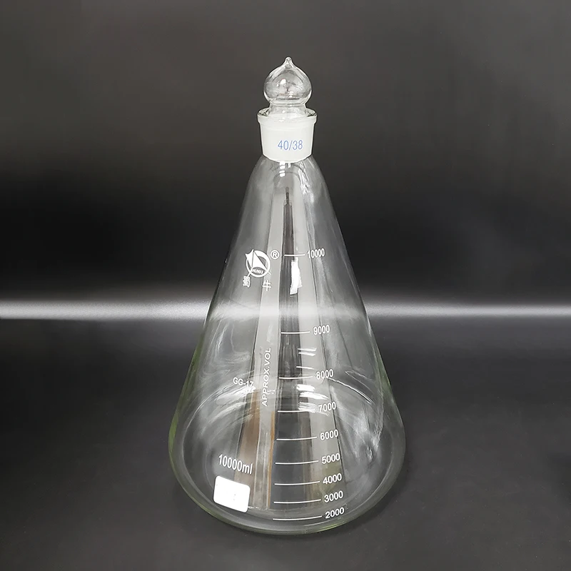 

Conical flask with standard ground-in glass stopper,Capacity 10000ml,joint 40/38,Erlenmeyer flask with standard ground mouth