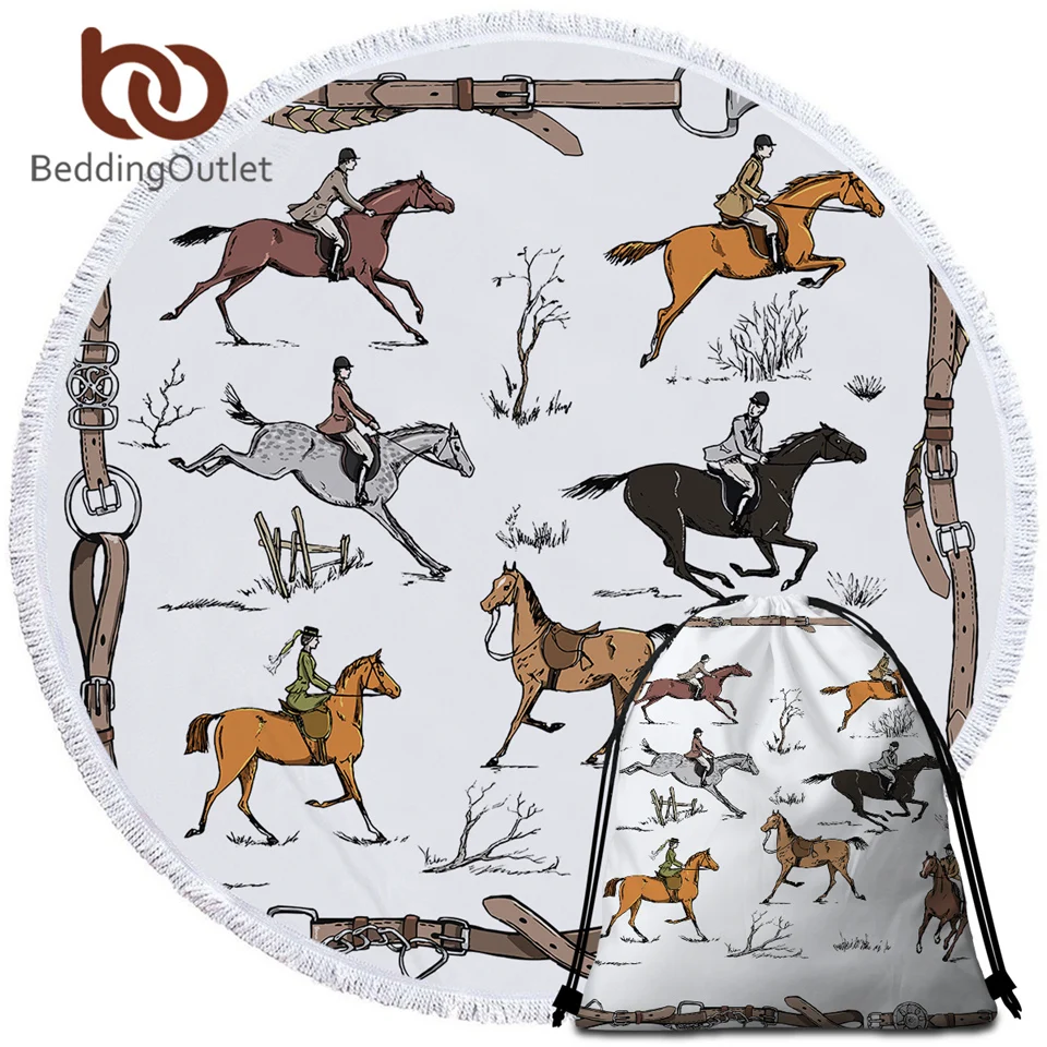 

BeddingOutlet Animals Round Beach Towel Equestrian Microfiber Towel England Tradition Horse Riding Picnic Mat Sports Tapestry