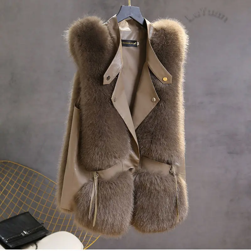 High Quality Imitation Fox Fur Vest Jacket Women 2021 Winter Waistcoat Long Female Vestcoat Sleeveless | Женская одежда