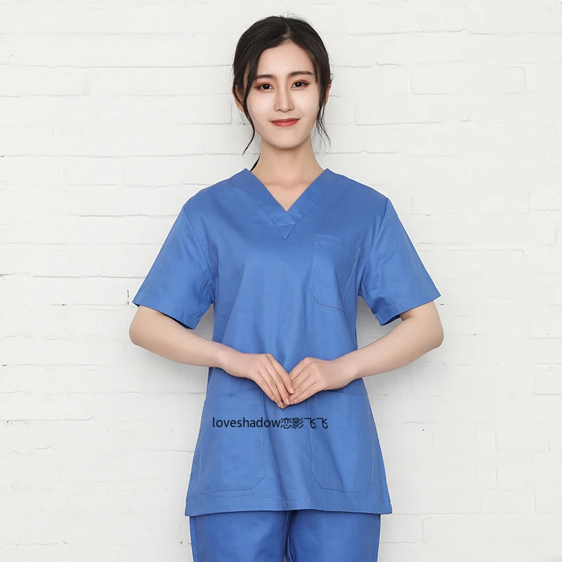Plug Size S-4XL Pure Cotton Scrubs Women Short Sleeve V Neck Nurse Doctor Solid Color Scrub Top (No Pants) Medical Uniforms
