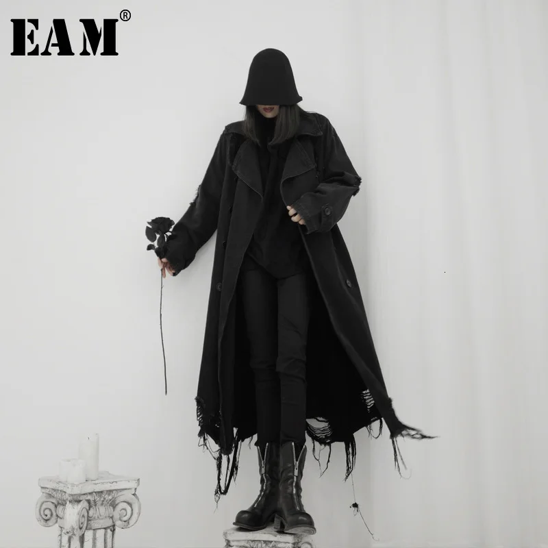 

[EAM] Women Hollow Out Big Size Denim Trench New Lapel Long Sleeve Loose Fit Windbreaker Fashion Autumn Winter 2020 19A-a545