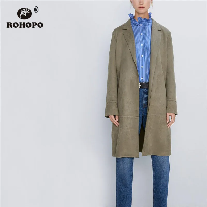 ROHOPO зазубренный воротник замшевая куртка с открытым воротом Осенняя Женская однотонная винтажная прямое длины до колена британские пальто#19160