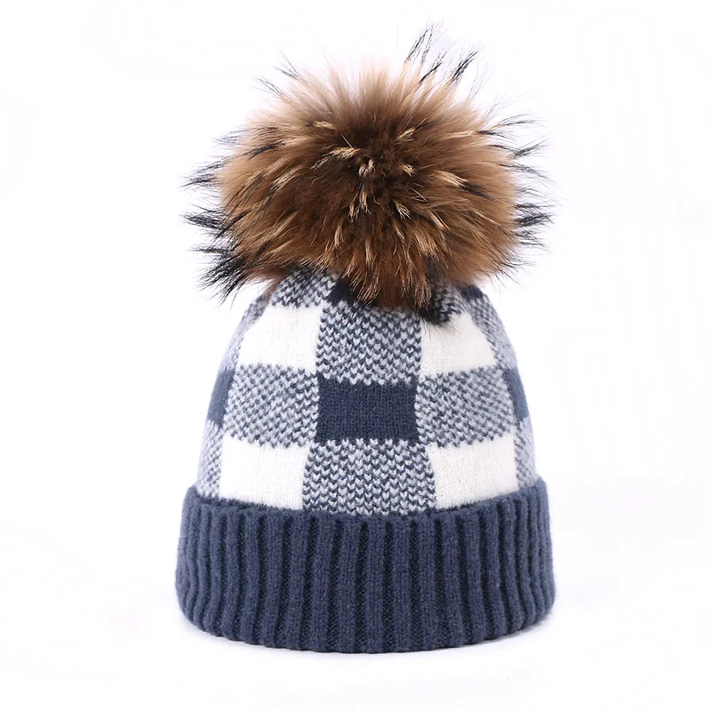 Зимняя шапка с помпоном Skullies Beanie, Классическая клетчатая шапка для мужчин и женщин, теплая вязаная Толстая шапка с меховым помпоном - Цвет: I