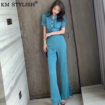 

Women's Satin Two-Piece Sets Summer clothings 2020 New Lapel Short-Sleeve Shirt + High Waist Flare Pants and Tops Two Piece Set