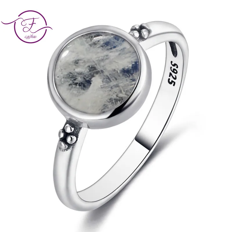 Anillo de plata 925 redondo de 8MM, piedra lunar Natural, Flor Retro, compromiso, regalo de fiesta de boda, venta al por mayor