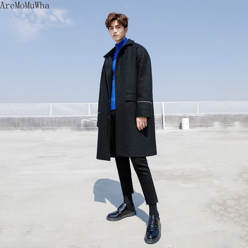AreMoMuWha, Осеннее и зимнее Новое корейское хлопковое пальто, мужское Однотонное шерстяное пальто, свободная повседневная мужская Длинная ветровка Q1242