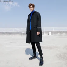 AreMoMuWha, Осеннее и зимнее Новое корейское хлопковое пальто, мужское Однотонное шерстяное пальто, свободная повседневная мужская Длинная ветровка Q1242