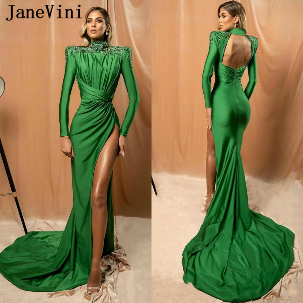 Green-Mermaid-Evening-Dresses-Long-Sleeve-Flower-Applique-Red-Carpet-Fashion-Gowns-Sweep-Train-Side-Split_副本