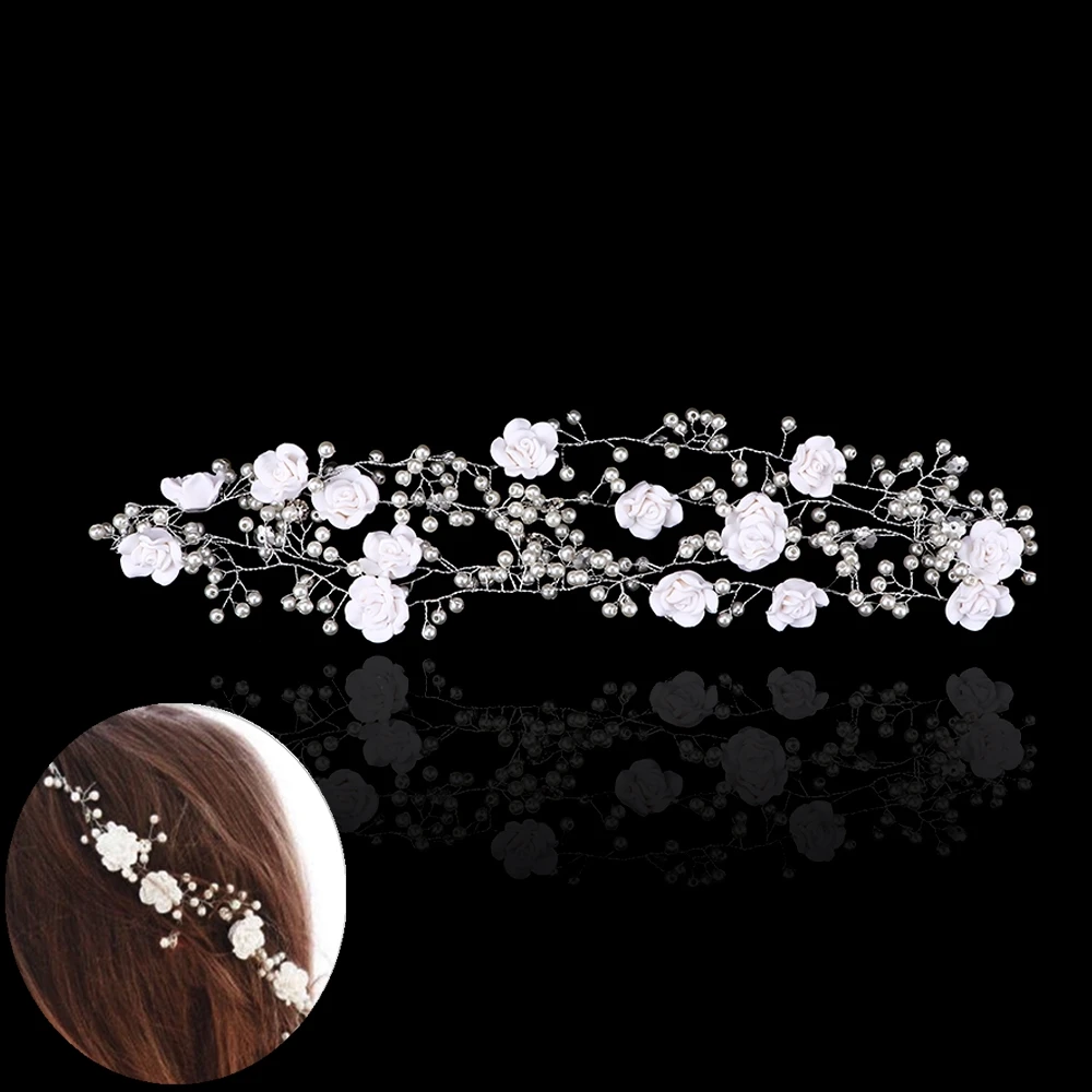 

Bridal White Flower Long Vine Tiara Headband Handmade DIY Rhinestone Faux Pearl Crown Wedding Prom Chaplet Jewelry