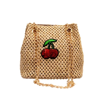 

LJL-Bohemia Straw Bags Women Shoulder Bag Messenger Rattan Bags Cherry Embroidery Chain Crossbody Bags