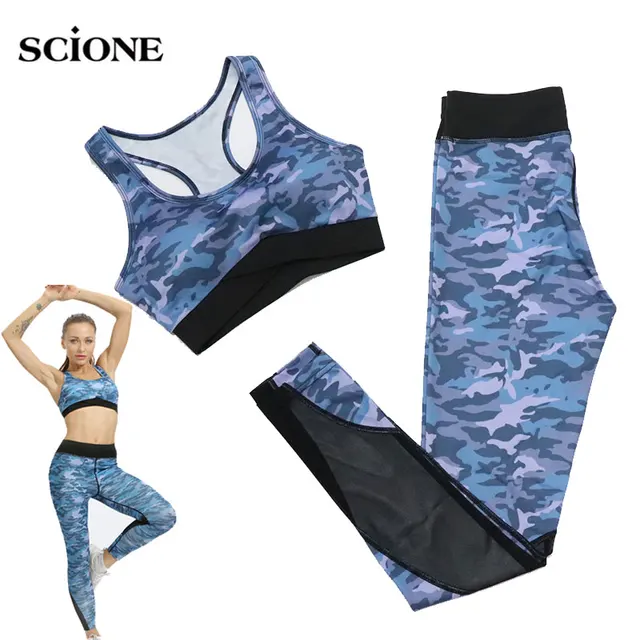 US $11.74 Women Yoga Set Fitness Vest Clothing Sport 2PCS Sportswear Gym SPorts Bra Female Camouflage Suits A