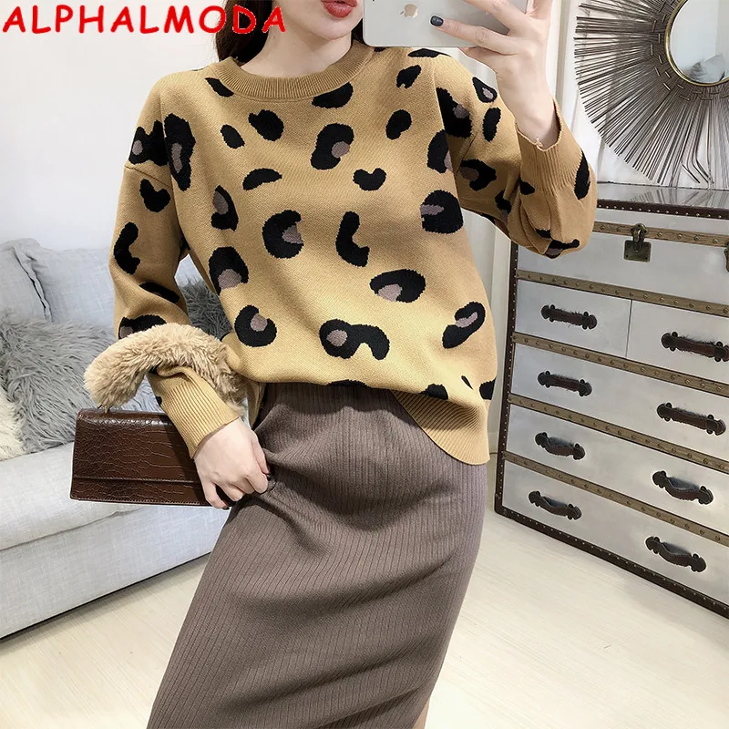 ALPHALMODA свитер с леопардовым принтом + прямая юбка Женский Повседневный